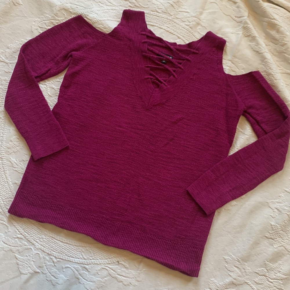 Express Cold Shoulder Reversible Lace Up Sweater